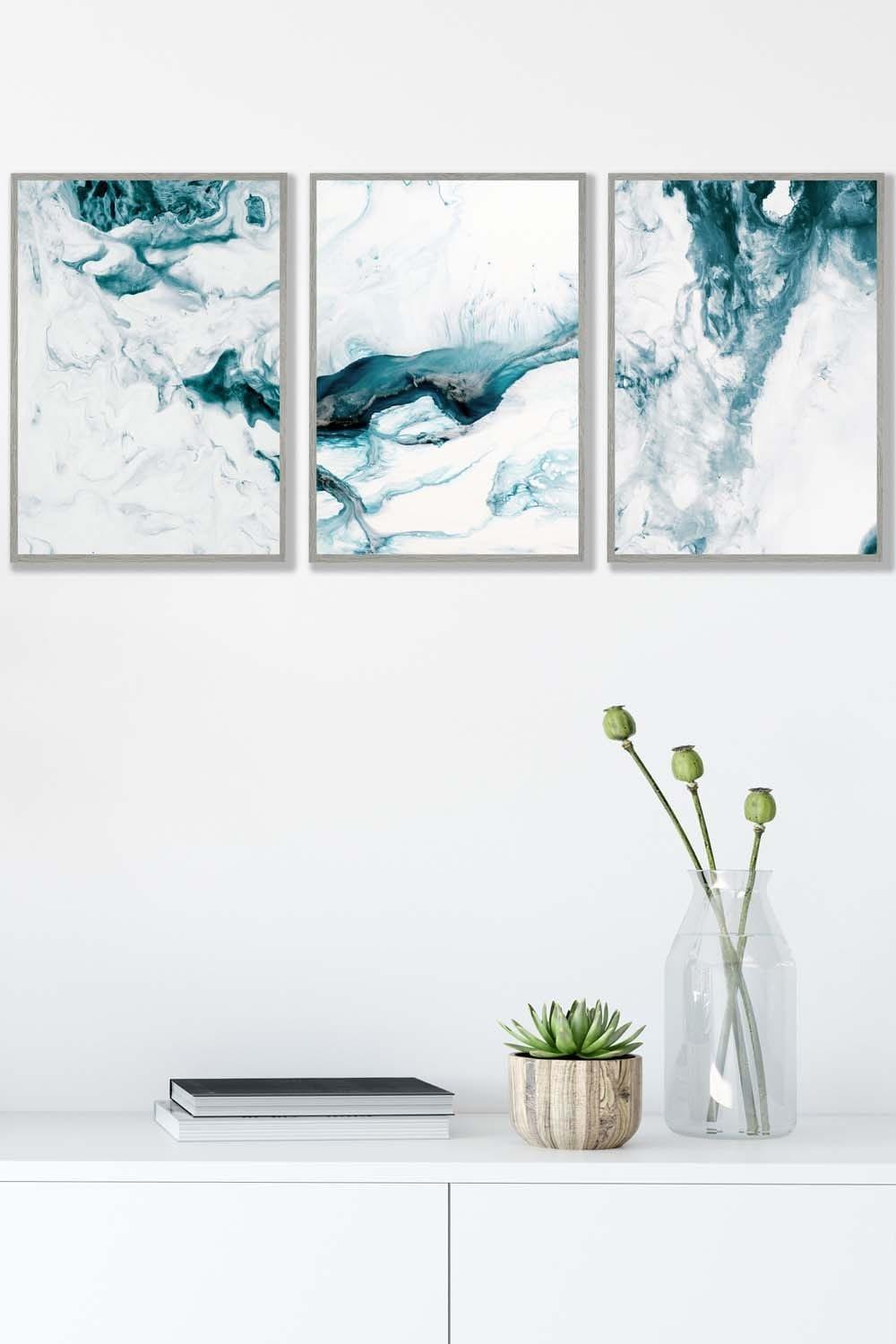 Teal Blue Abstract Ocean Waves Framed Wall Art - Medium